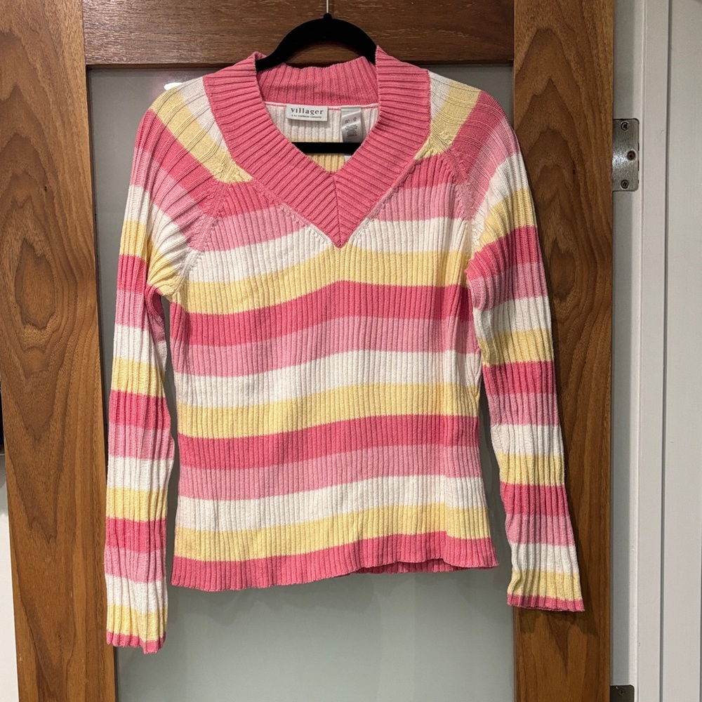 Liz Claiborne Villager Pink/Yellow/White Striped V-Neck Ribbed Knit Sweater